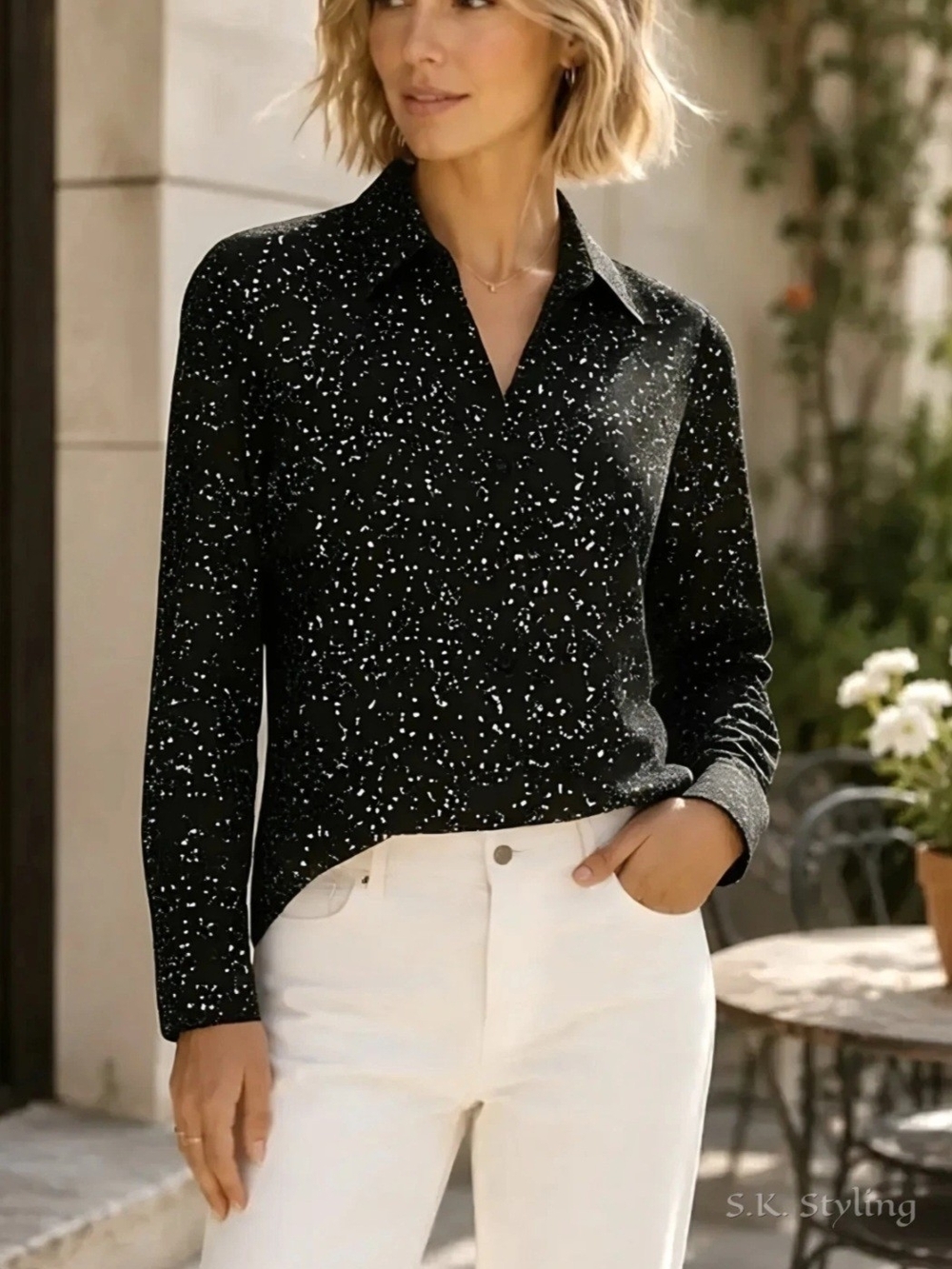 Croft & Barroe Button-up Long Sleeve Blouse Black with Splatter Dots size Large